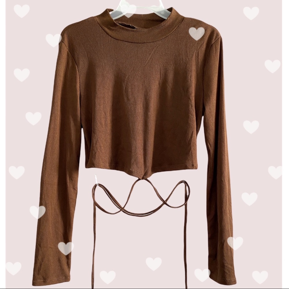 Just Polly (juniors) cropped long sleeve ribbed top, brown